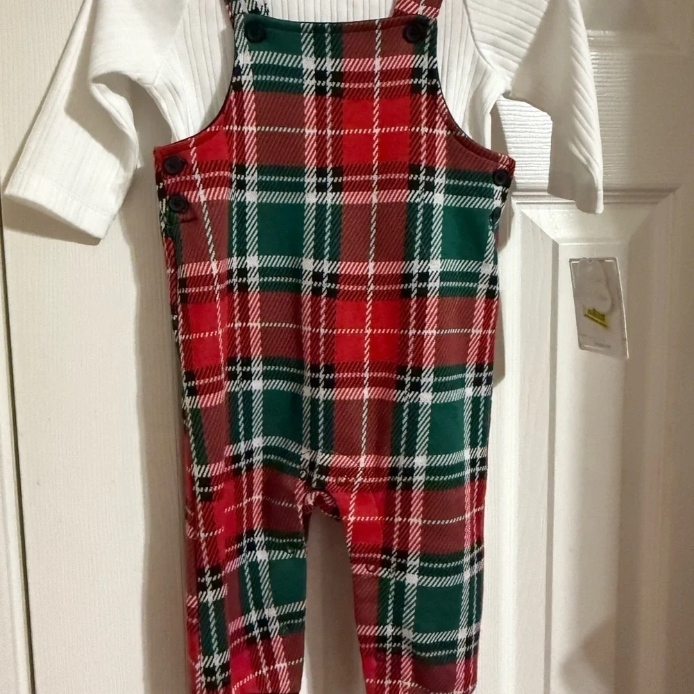 NWT Little Me Plaid Overalls Outfit